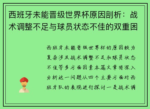 西班牙未能晋级世界杯原因剖析：战术调整不足与球员状态不佳的双重困境