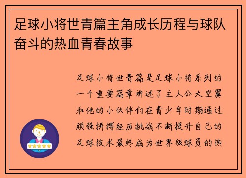 足球小将世青篇主角成长历程与球队奋斗的热血青春故事